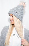 Solid Knit Cuffed Beanie with Faux Fur Pom