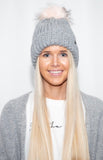 Solid Knit Cuffed Beanie with Faux Fur Pom